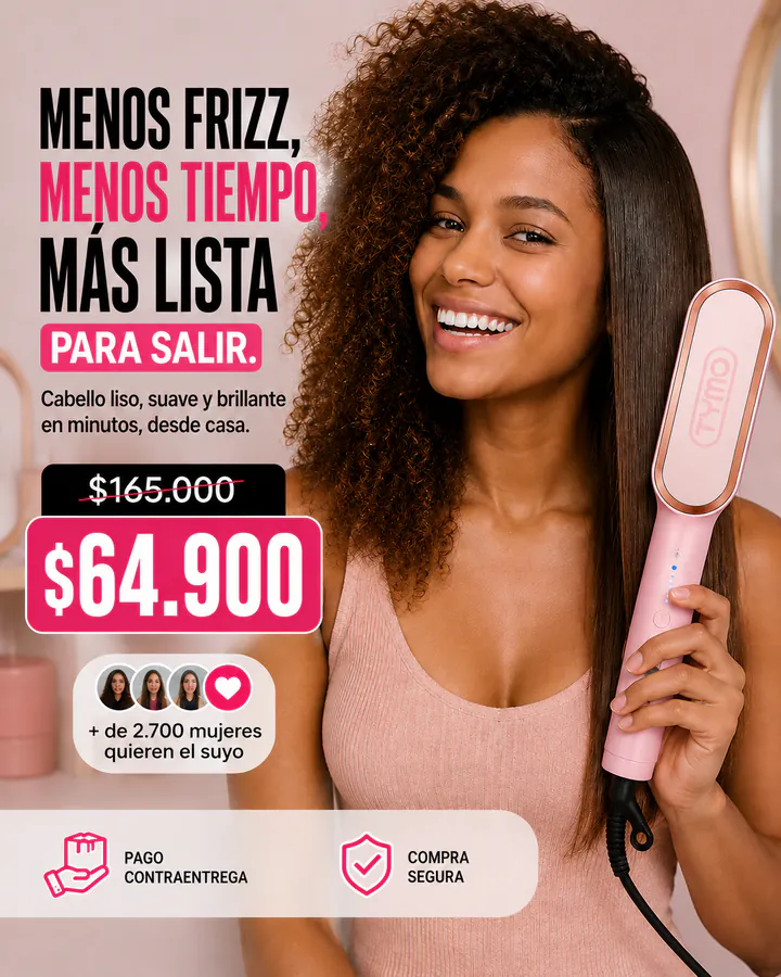 Anuncio de alisador para reducir frizz y tiempo de peinado