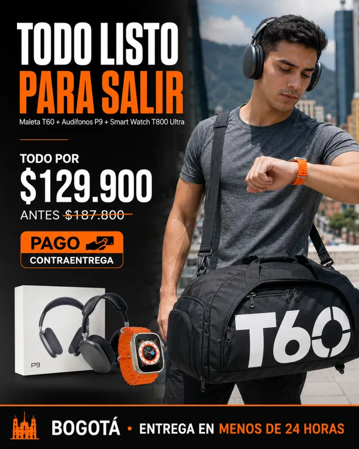 Anuncio lifestyle del mismo combo tecnológico en contexto urbano