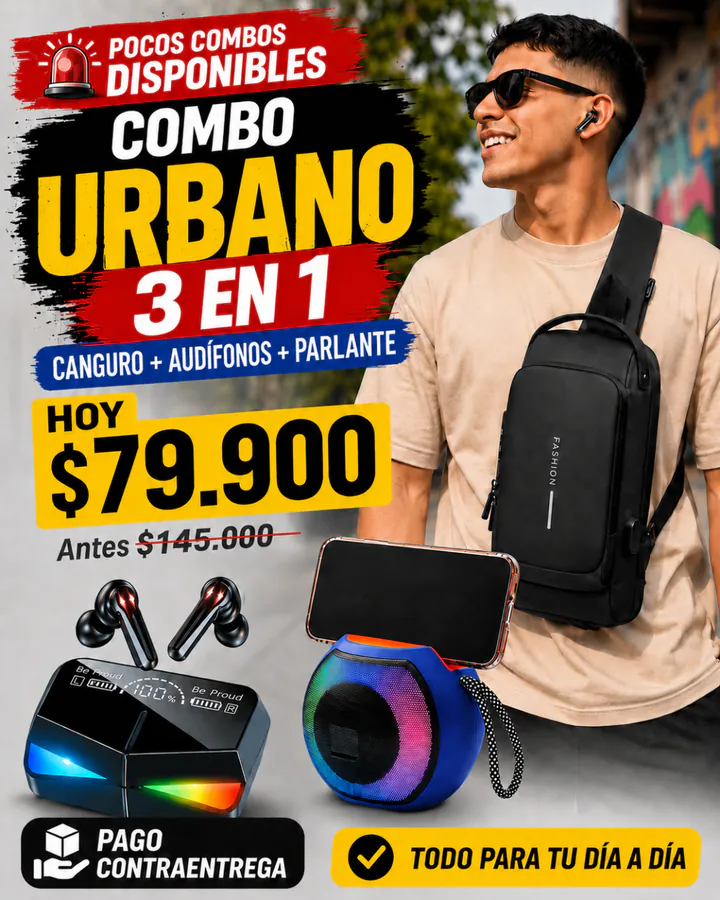 Anuncio de Combo Urbano 3 en 1 con canguro, audífonos y parlante