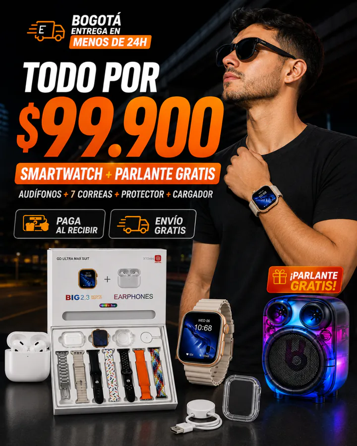 Anuncio de combo tecnológico con smartwatch, audífonos y parlante